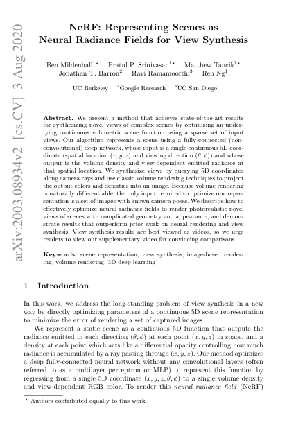 NeRF: Representing Scenes as Neural Radiance Fields for View Synthesis